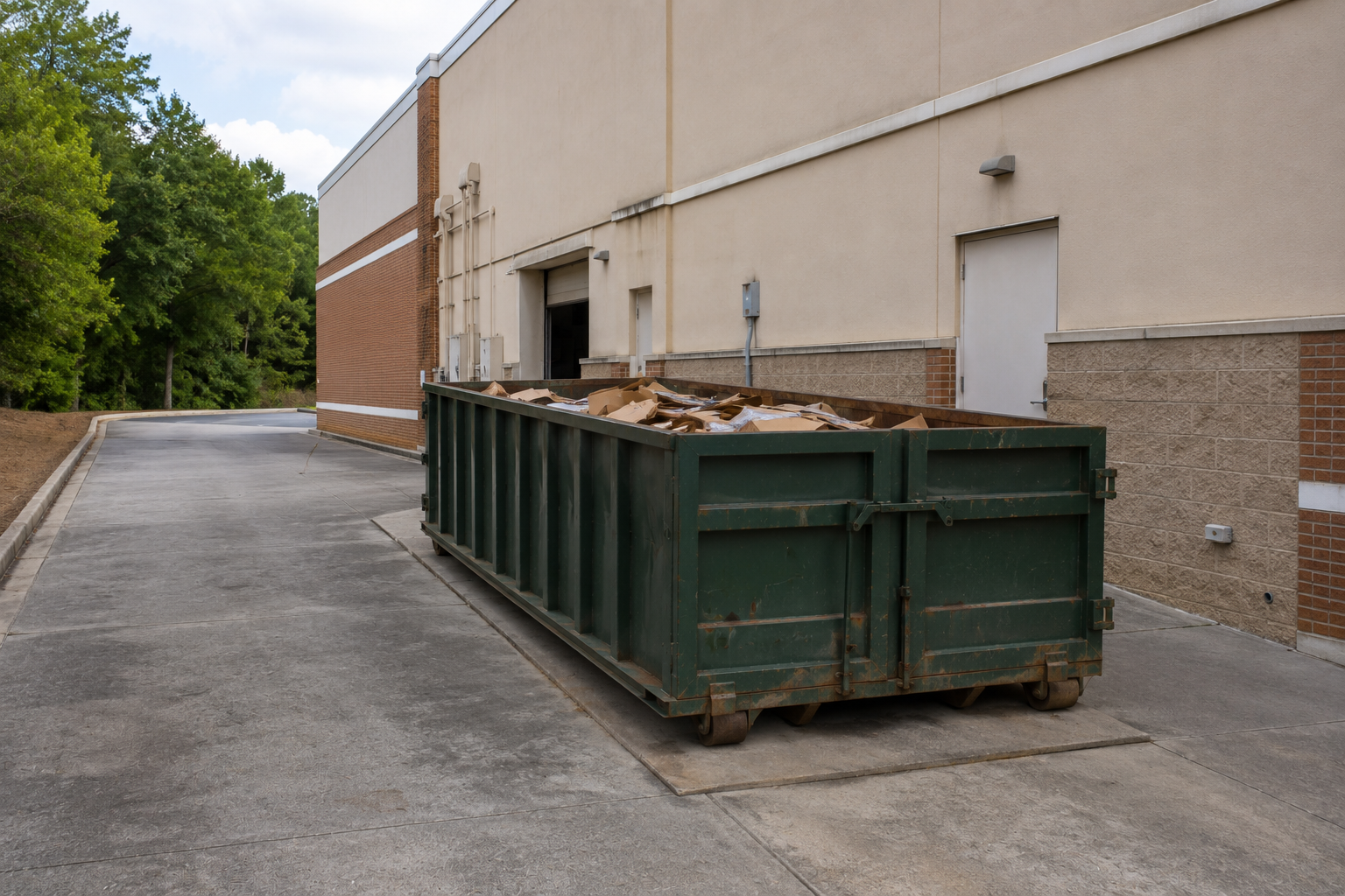 Clean container pad at a multi-tenant retail center in West Macon, presentable from the parking lot