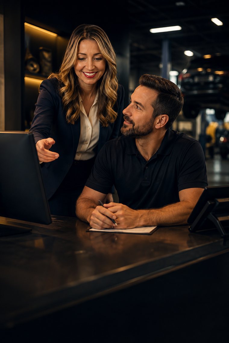 Coach mentoring a service advisor