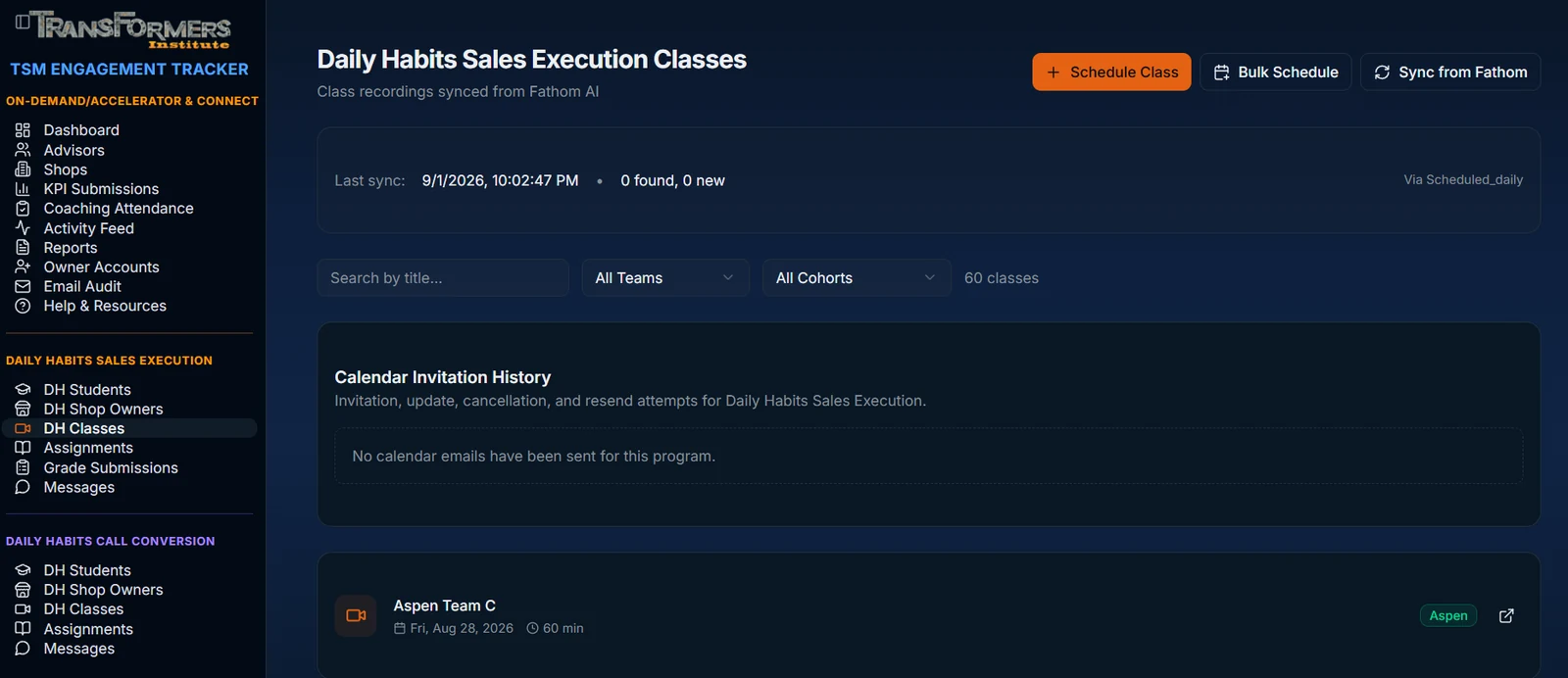 The TSM Engagement Tracker showing the Daily Habits Sales Execution classes list — 60 classes, filterable by team and cohort, with recordings synced from Fathom AI.