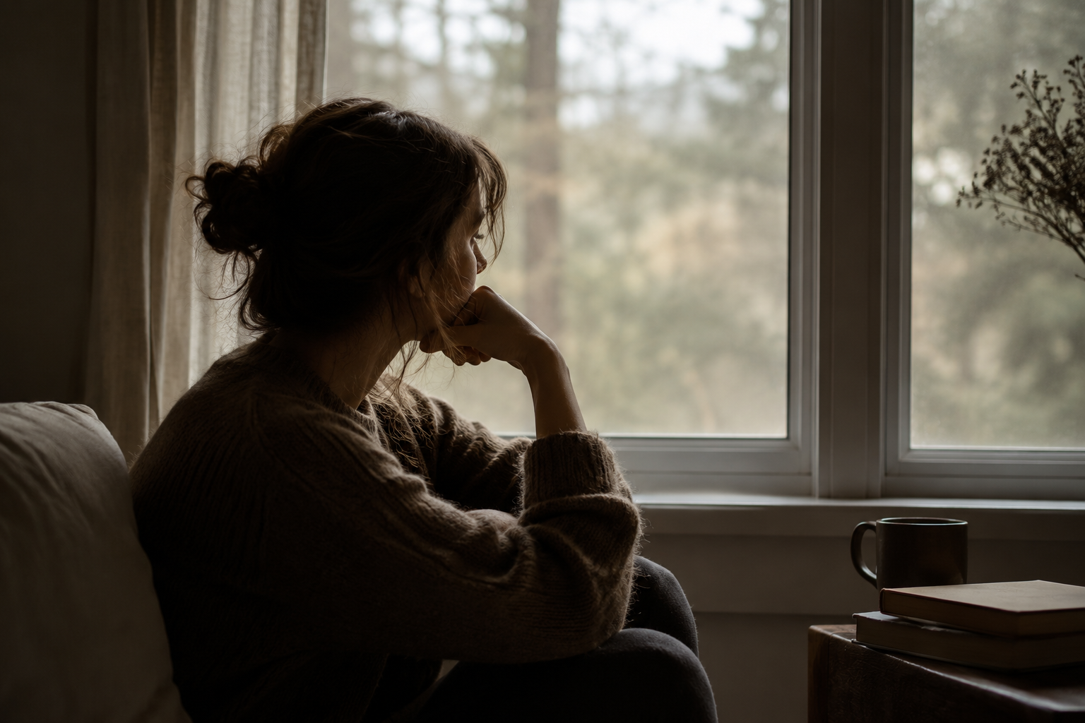 Woman sitting alone by window