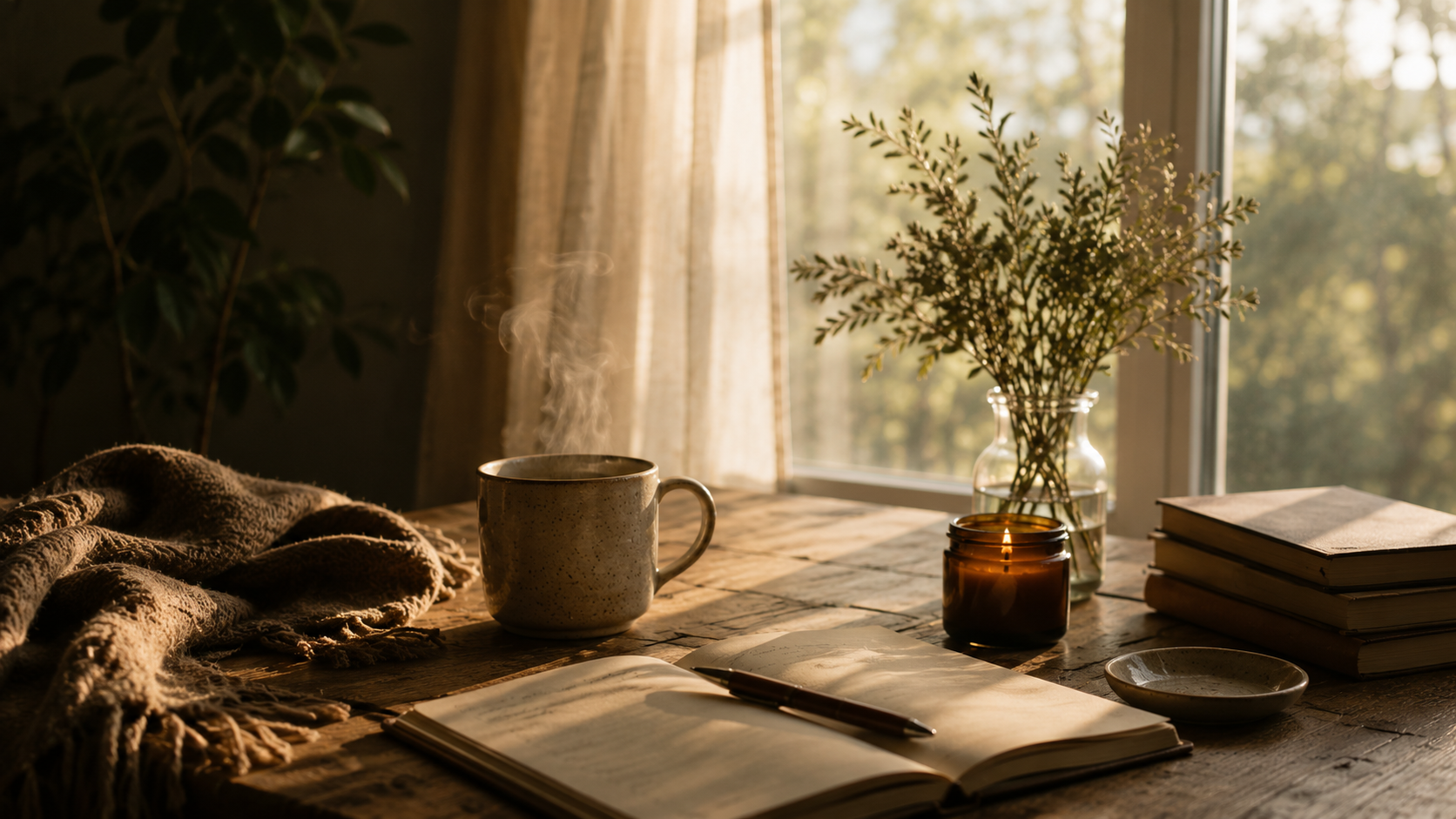 Journal, candle and tea by a window in morning light