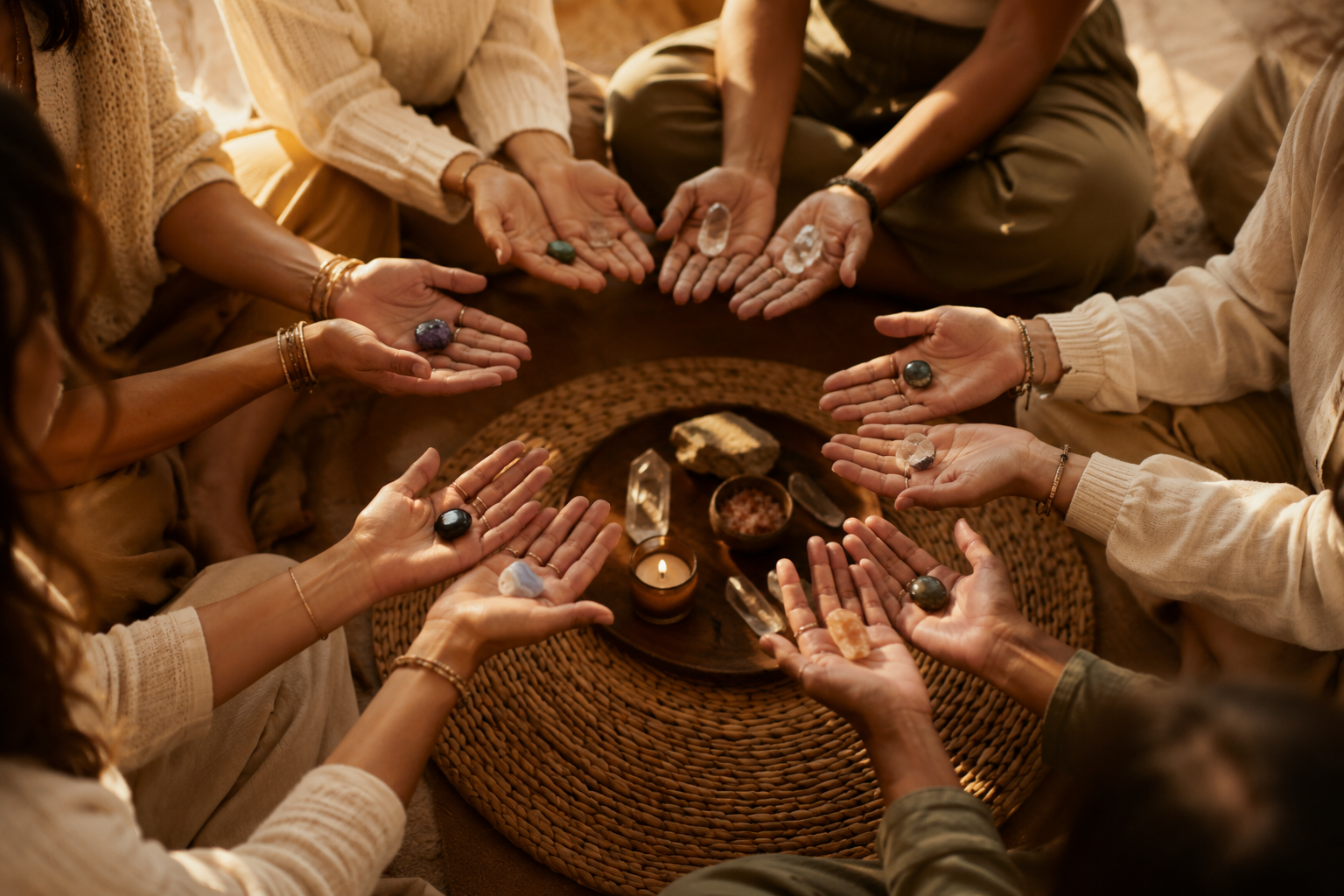 Women in sacred circle holding crystals
