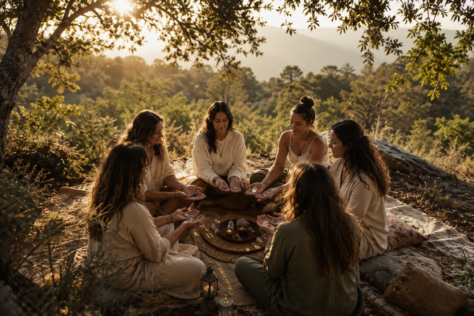 Women gathered in a sacred circle outdoors in golden light