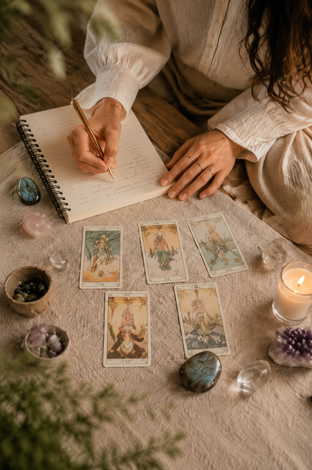 Woman writing in journal with tarot cards and crystals spread