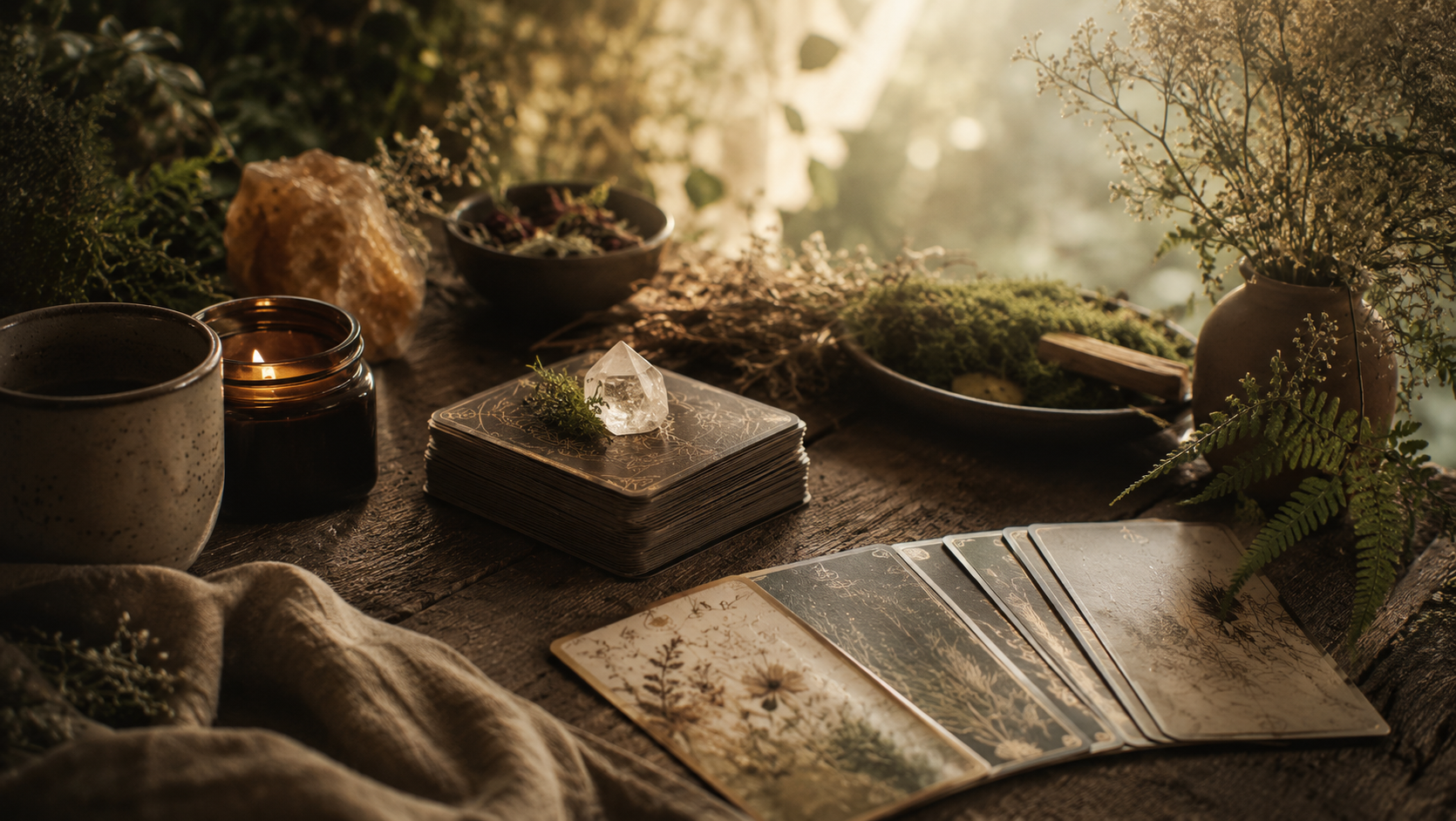 Tarot cards crystals and candle flatlay