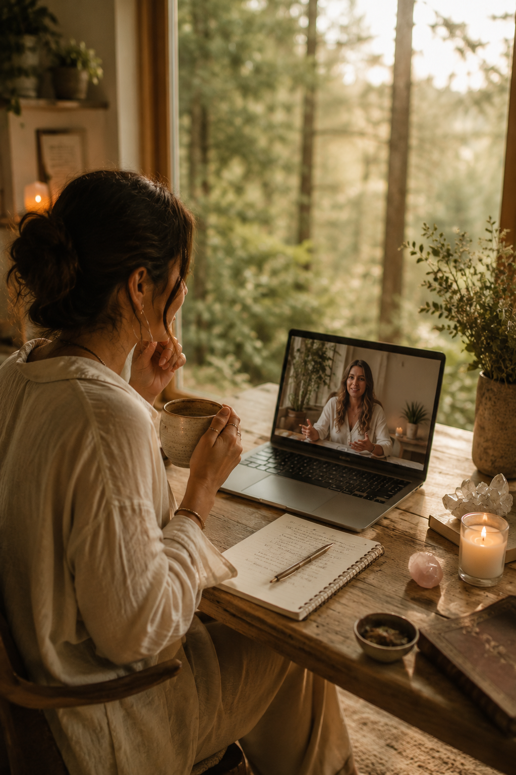 Woman on a somatic coaching call with forest outside the window