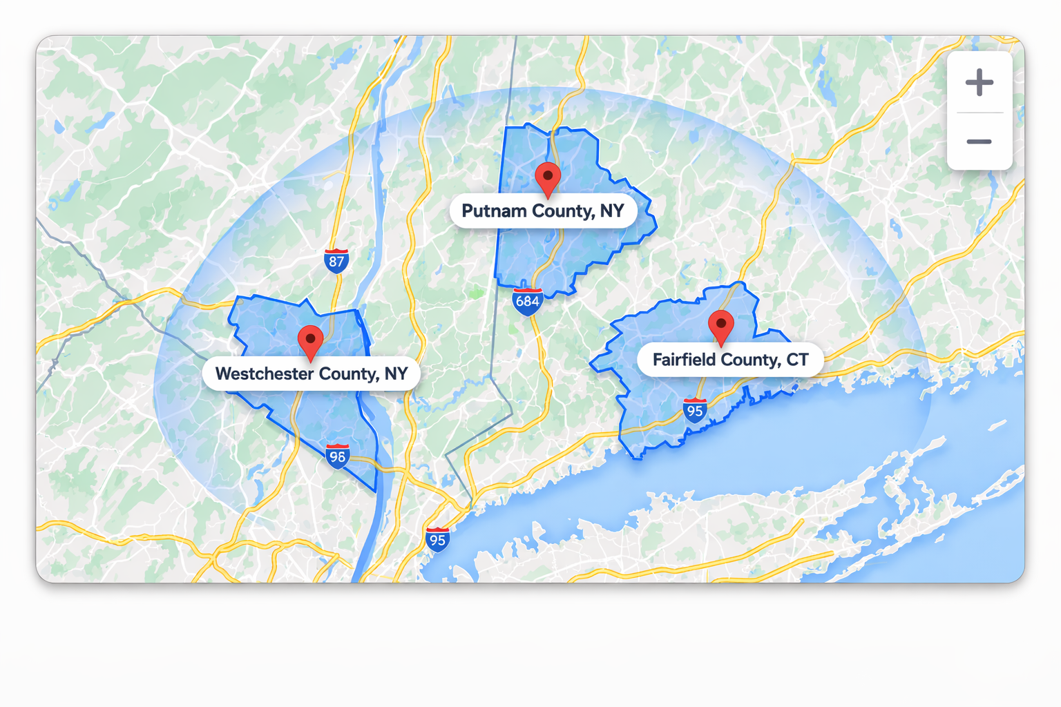RBD Paving & Sons service area map — Westchester, Putnam and Fairfield County