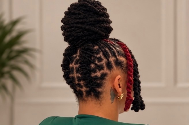 Loc high bun with red accent twist