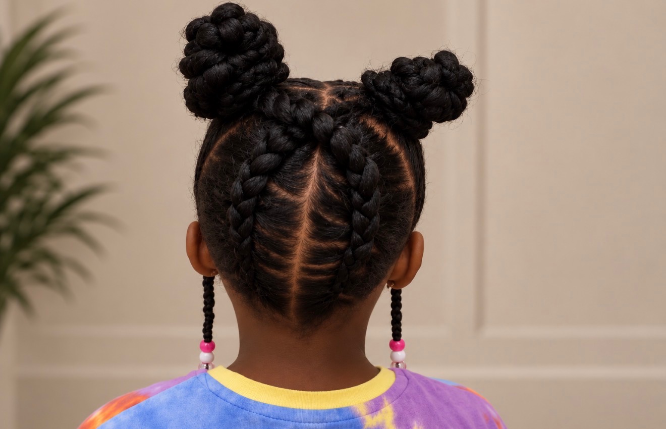 Kids double braided buns with beads, back view