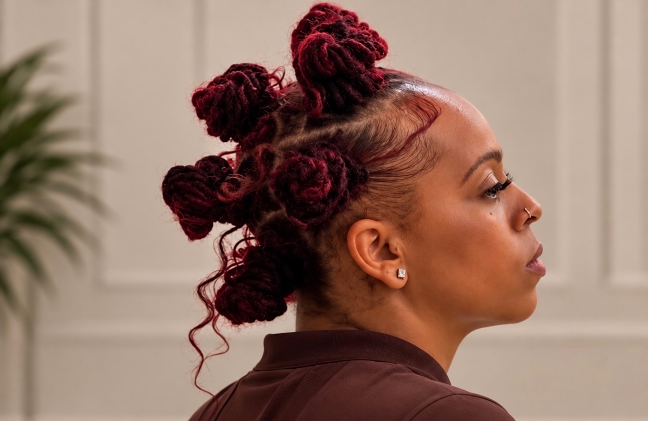 Burgundy loc bantu knots, profile view