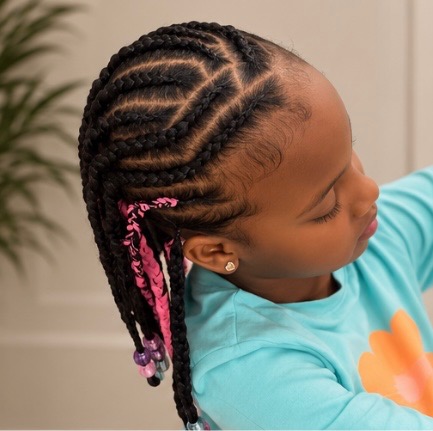 Kids feed-in braids with pink accents and beads