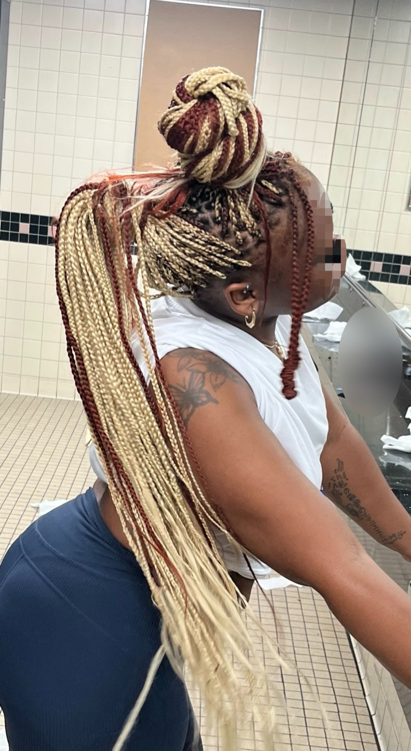 Triple Part Sleek Half Up, Half Down Ponytail with Top Knot using Box Braids