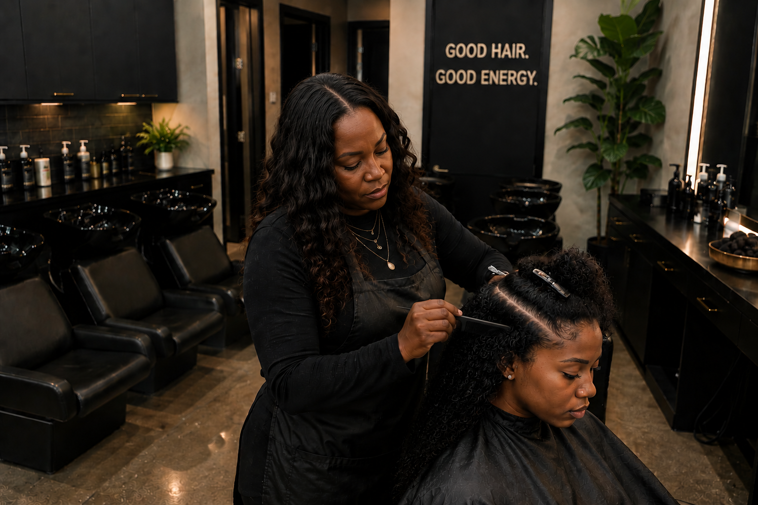 Professional Black female hairstylist in a chic salon holding styling tools