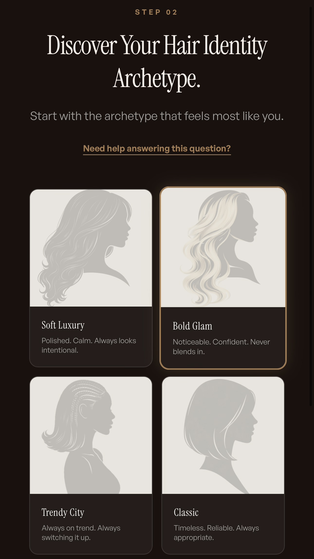 The Hair Identity Match experience, choosing a hair identity archetype