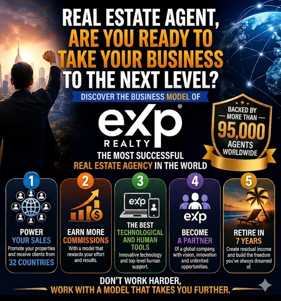 5 Advantages of Joining eXp Realty — Boost your sales, promote properties and receive clients from 32 countries; earn higher commissions with a model that rewards effort and results; access top technological tools and hands-on support from our CEO and founder, Omar Chavez (attorney and internationally recognized real estate broker); become a partner in a global company with innovation and unlimited opportunities; build residual income, company shares and royalties to achieve the financial and lifestyle freedom you’ve always wanted.