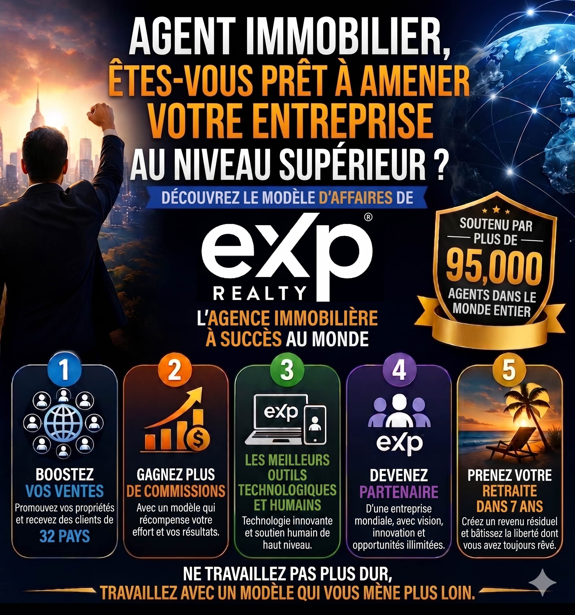 5 avantages de rejoindre eXp Realty — Augmentez vos ventes, promouvez des propriétés et recevez des clients de 32 pays ; gagnez des commissions plus élevées grâce à un modèle qui récompense l'effort et les résultats ; accédez aux meilleurs outils technologiques et au soutien pratique de notre PDG et fondateur, Omar Chavez (avocat et agent immobilier de renommée internationale) ; devenez partenaire d'une entreprise mondiale offrant innovation et opportunités illimitées ; bâtissez un revenu résiduel, des actions de l'entreprise et des redevances pour atteindre la liberté financière et le style de vie que vous avez toujours souhaités.