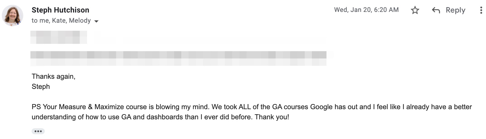 Student testimonial screenshot from Steph Hutchison