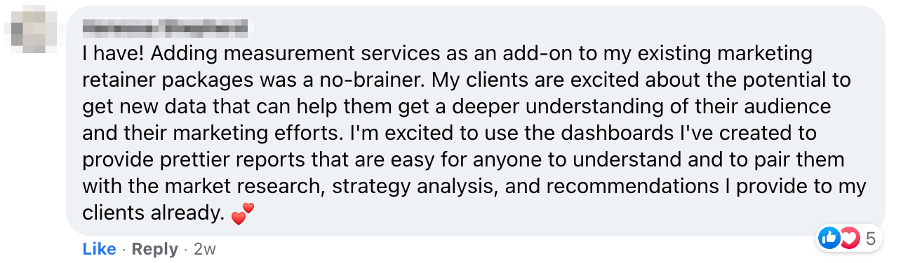 Student testimonial screenshot from Facebook