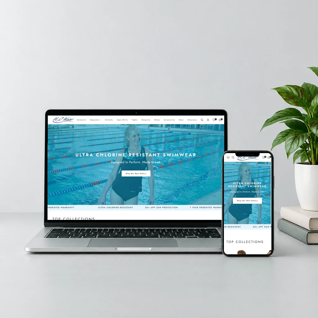 A swimwear brand's new Shopify store on a laptop and a phone