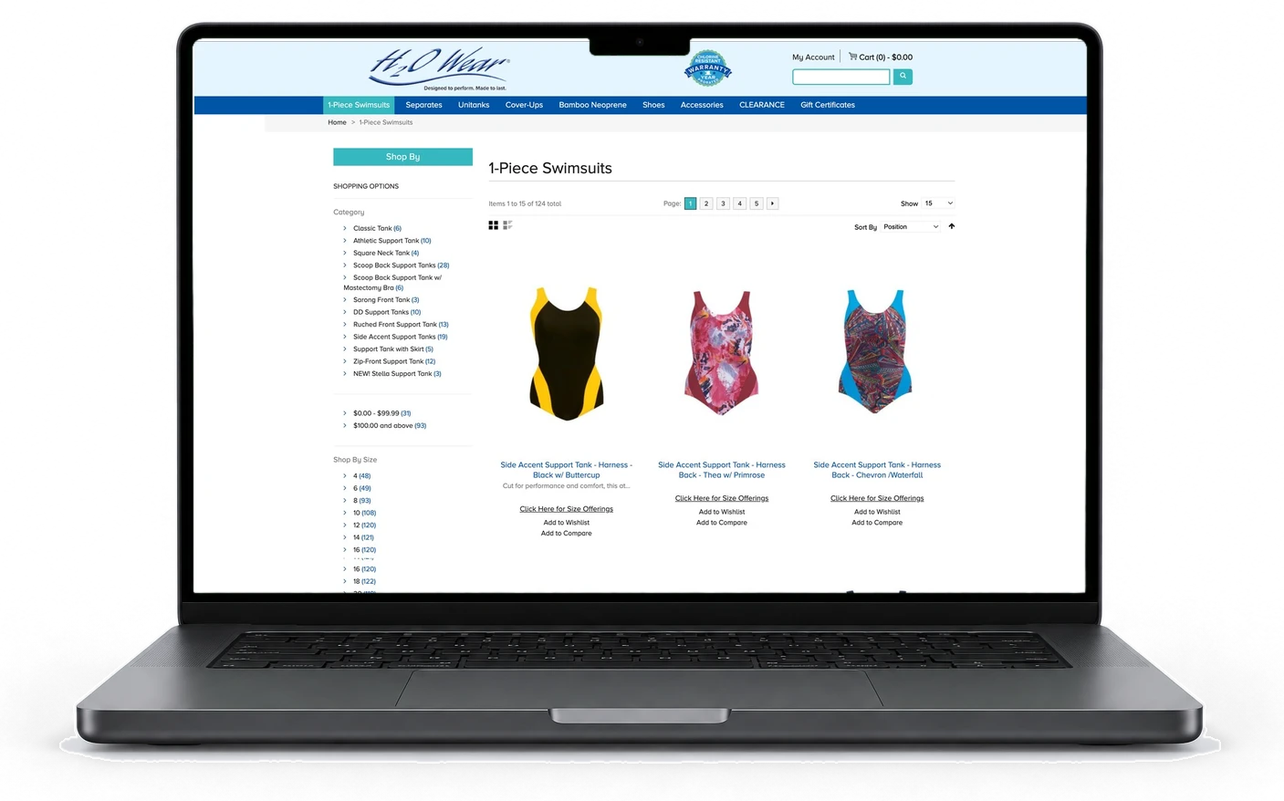 The swimwear store's old category page, every print listed as its own product, on a laptop