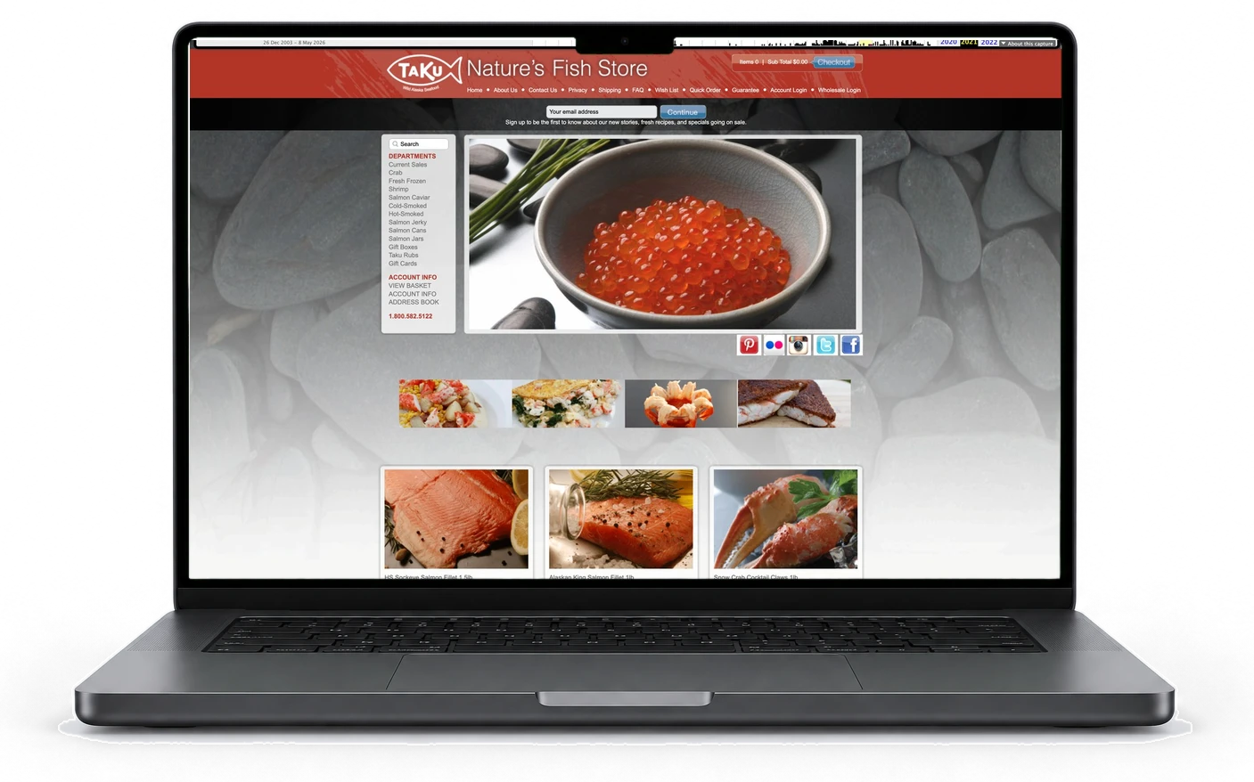 The seafood store before, on a laptop