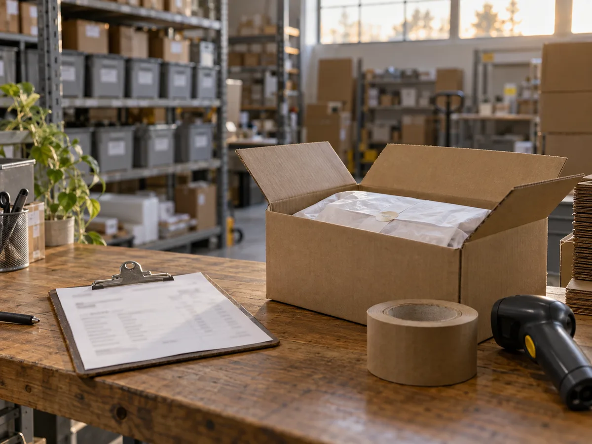 A packing bench in a warehouse, with a pick ticket on a clipboard beside an open shipping box