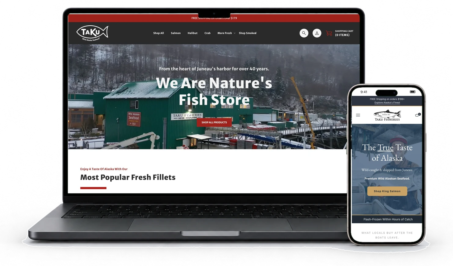 The seafood store after, on a laptop and a phone