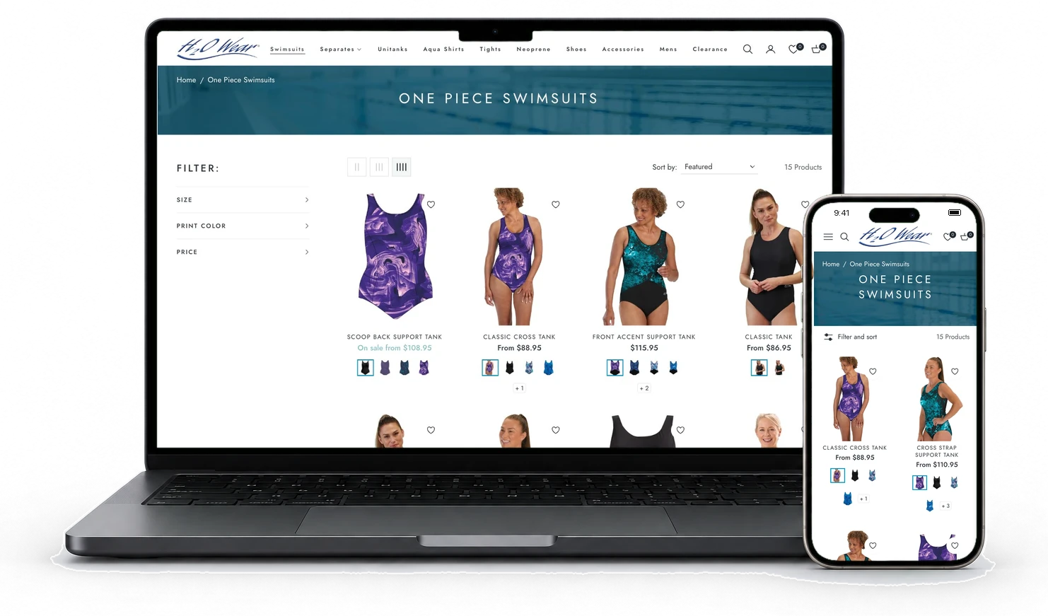 The new category page, prints shown as color swatches, on a laptop and a phone