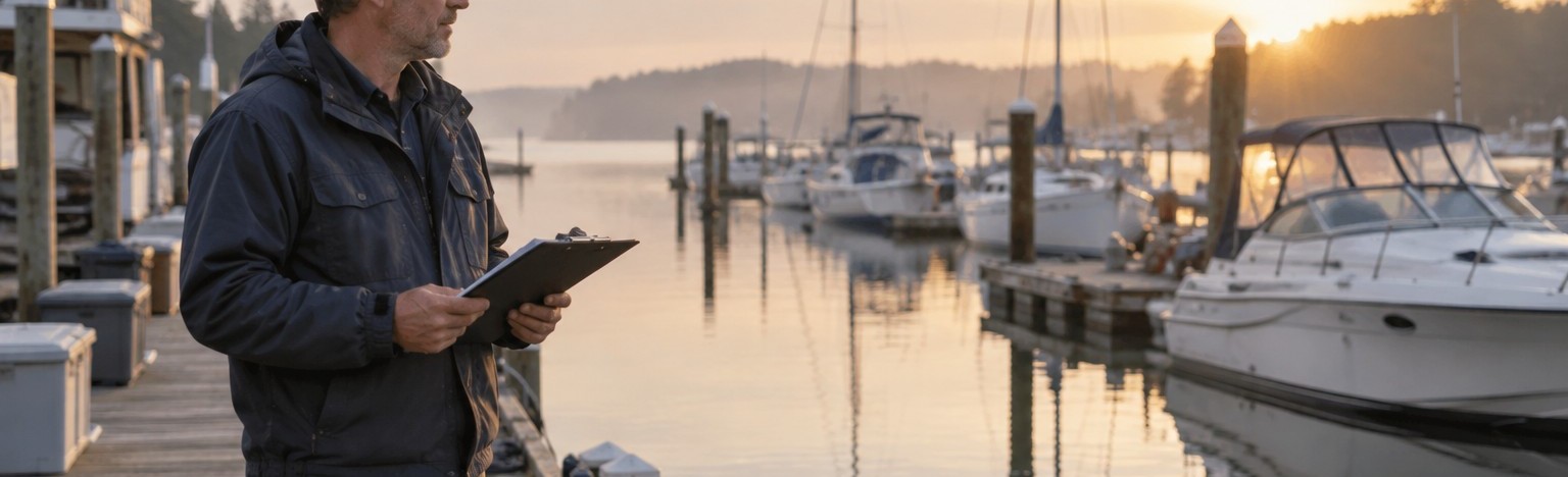 A man with a clipboard on a marina dock at sunset