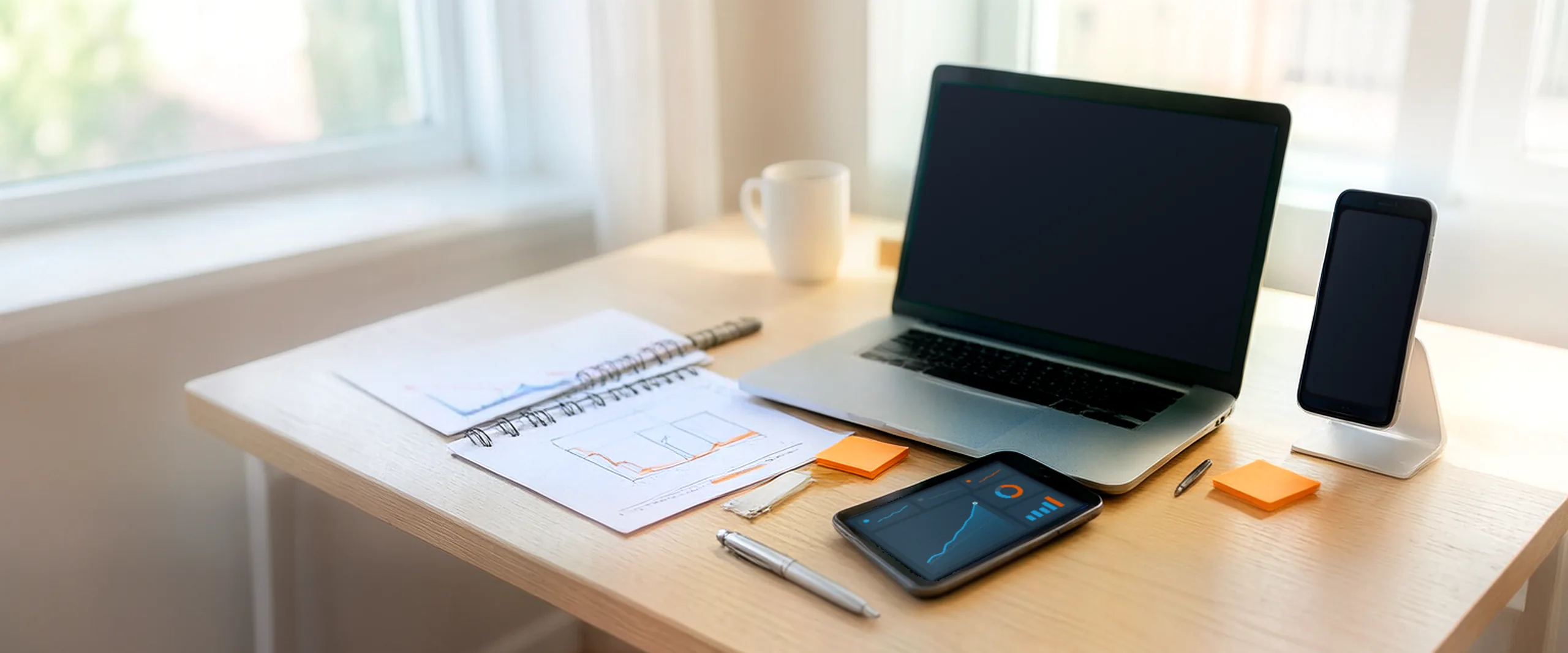 A desk with a laptop and a phone showing a Shopify store, next to a tablet dashboard and printed charts