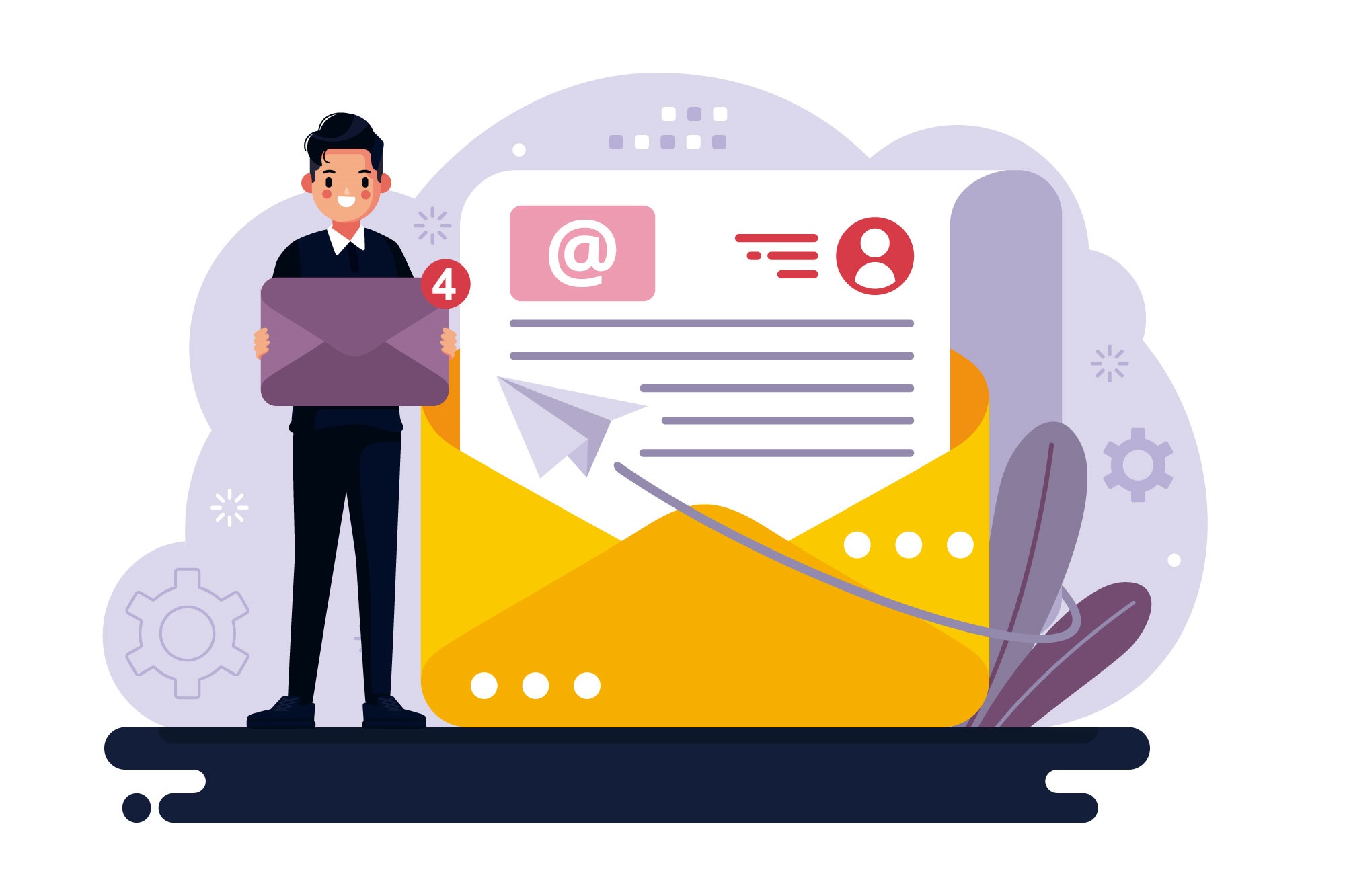 A vector image of a man standing next to a big mail envelope