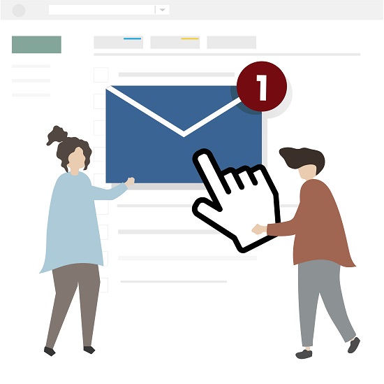 Grpahics of two people holding to a message envelope with a cursor
