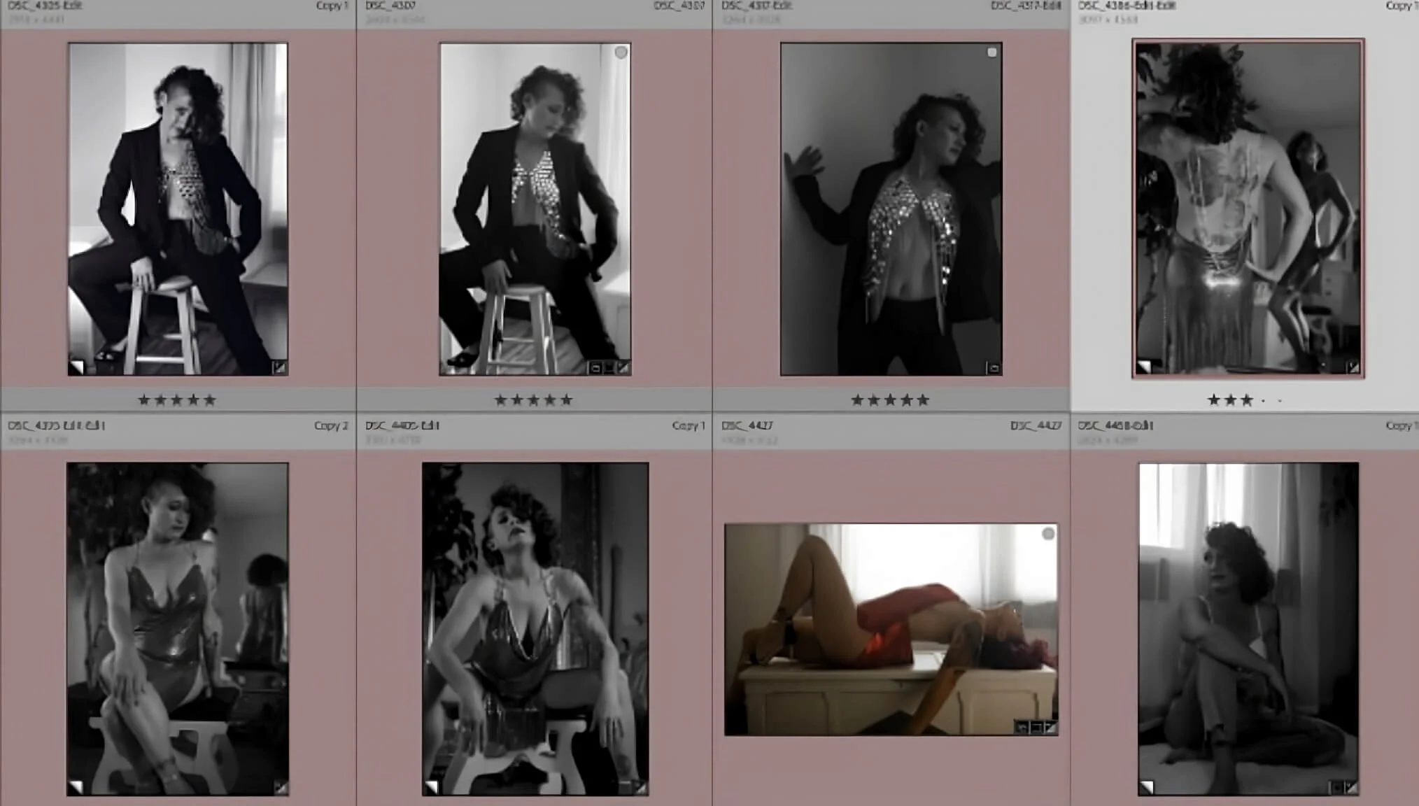 Grid of fashion photos featuring a model wearing various outfits, including suits and dresses, some in black and white.