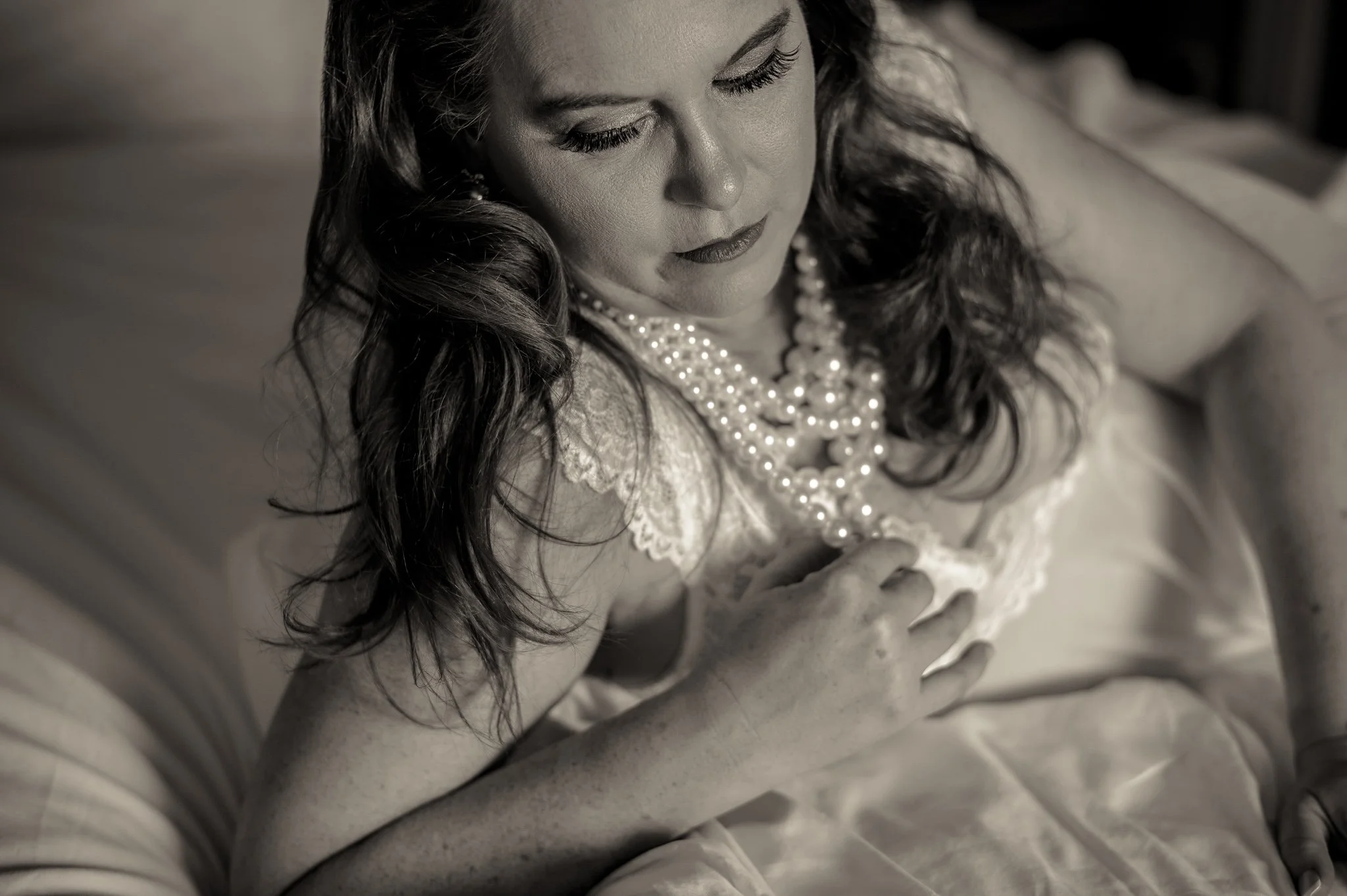 bridal boudoir woman in white lingerie