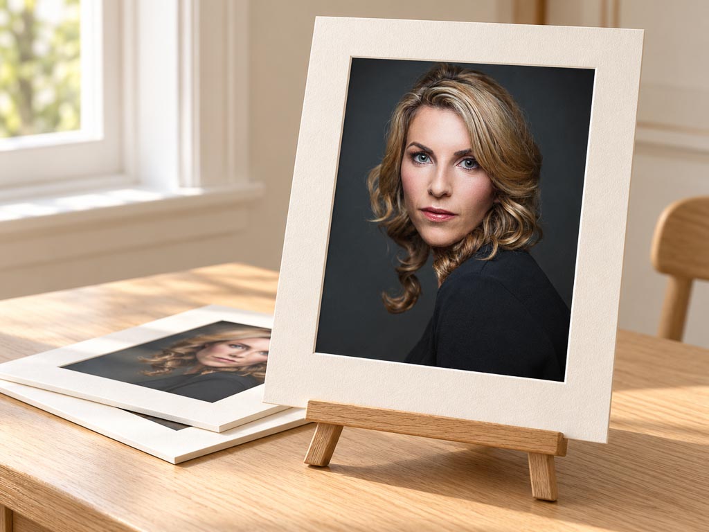 Fine art matted print of a portrait on a studio wall