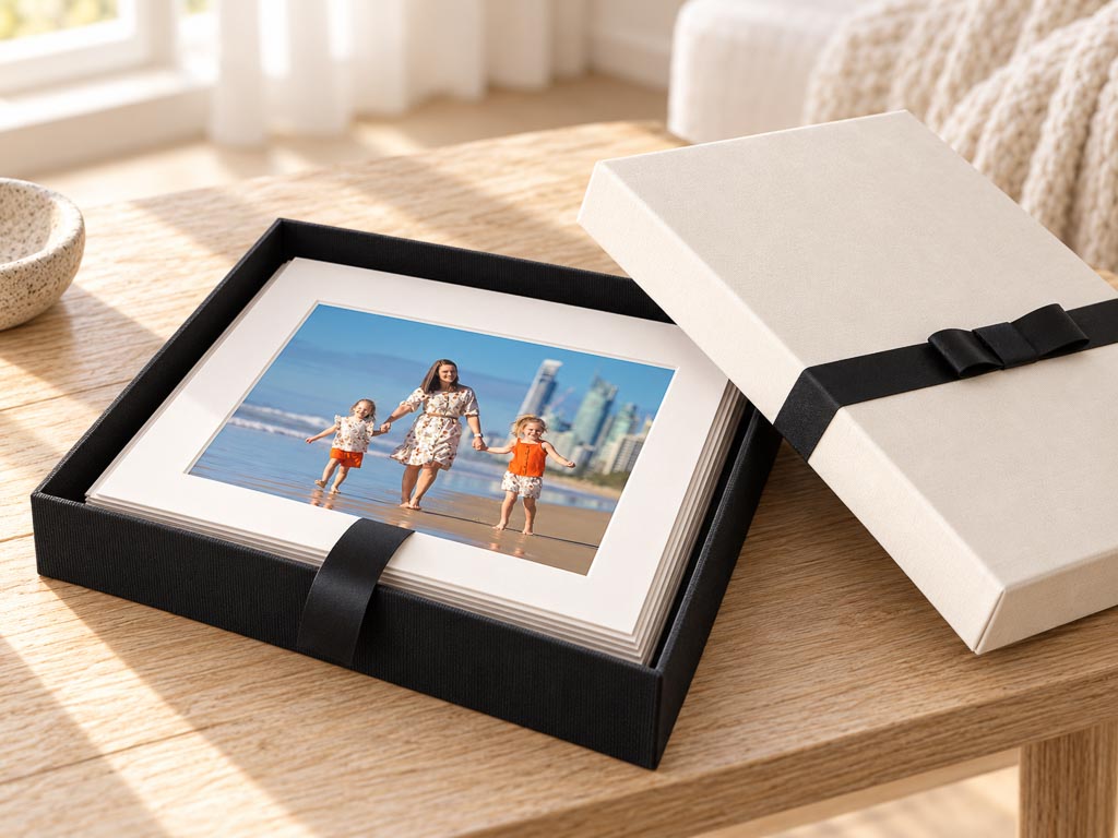 Presentation box of fine art matted prints on a desk