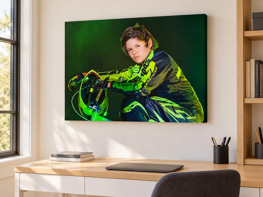 Canvas wall art portrait displayed in a living room