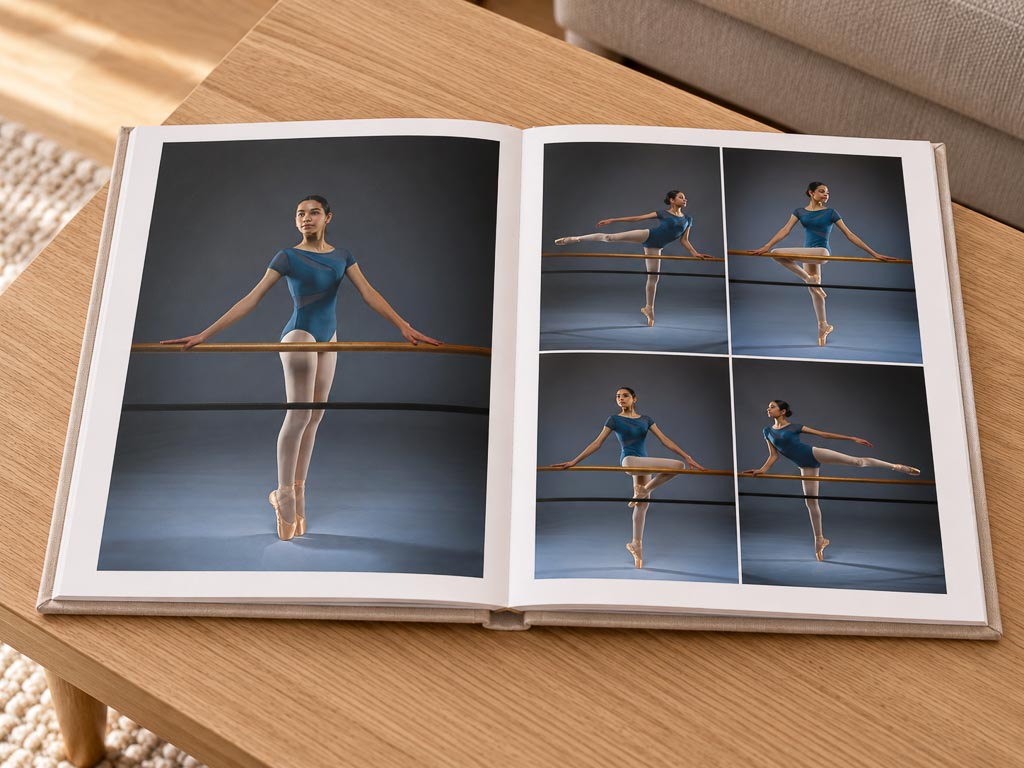 Handcrafted portrait album open on a table