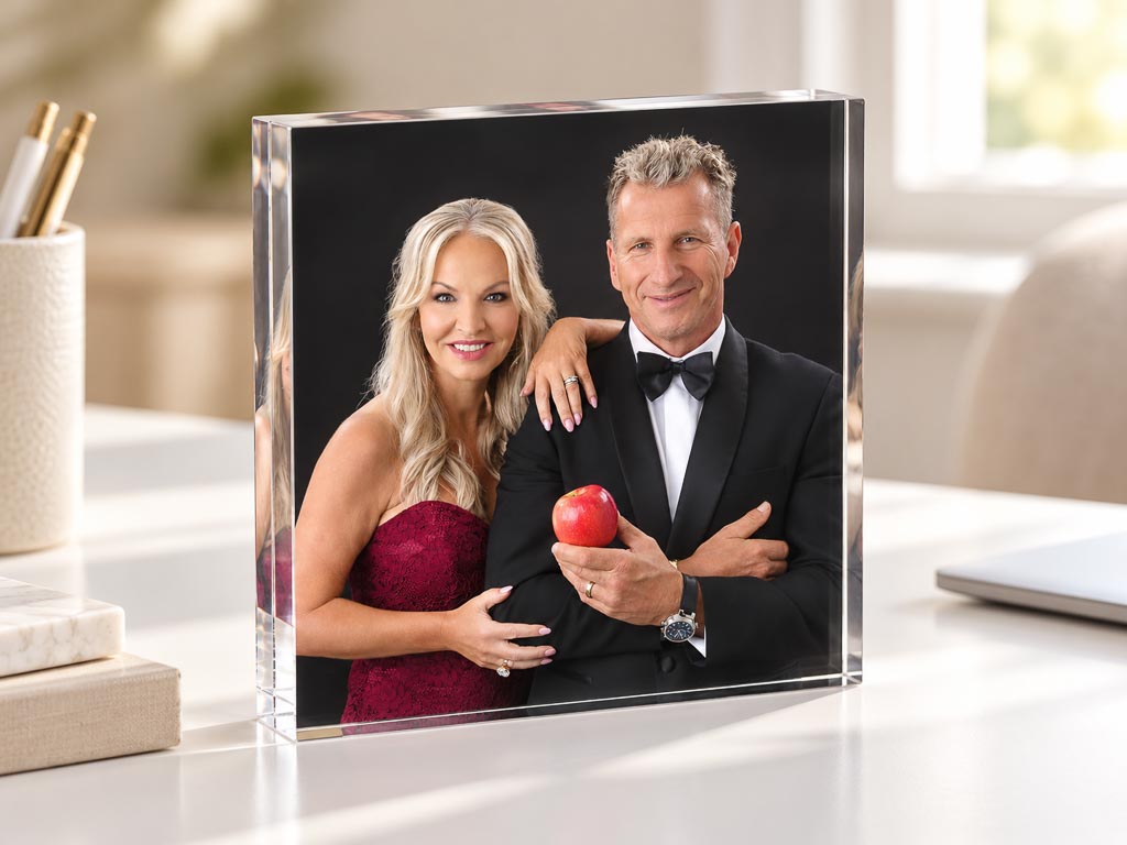 Free standing acrylic block portrait on a shelf