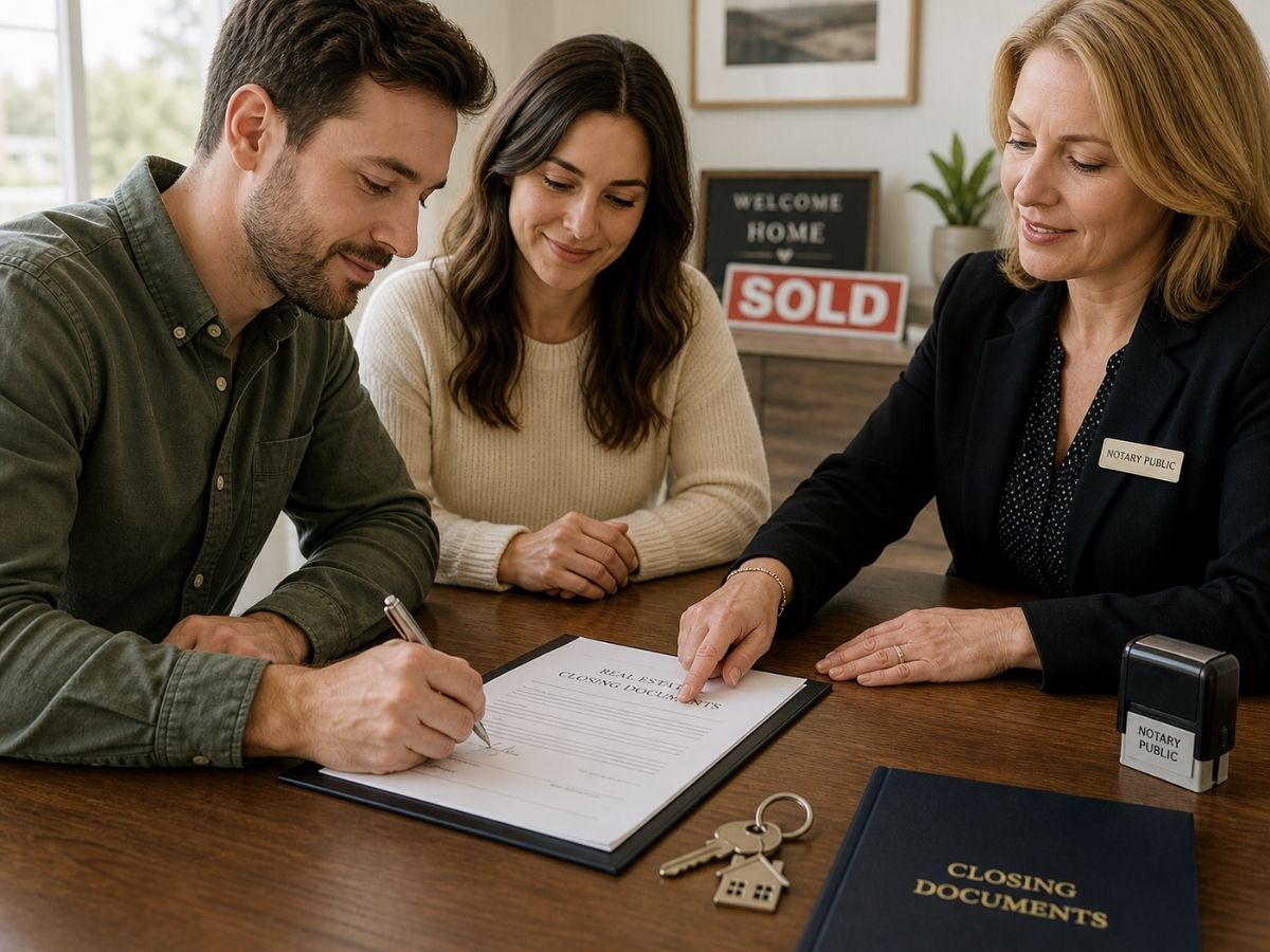 A real estate signing scene with a client reviewing closing documents at a desk, with house keys, paperwork, and a notary stamp visible. A real estate signing scene with a client reviewing closing documents at a desk, with house keys, paperwork, and a notary stamp visible.