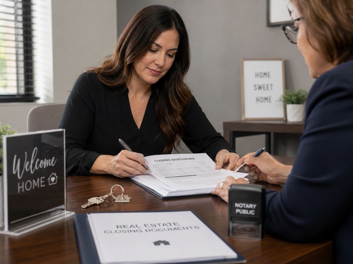 A real estate closing scene with a buyer signing documents at a table, with a notary guiding the process and house keys visible nearby. A real estate closing scene with a buyer signing documents at a table, with a notary guiding the process and house keys visible nearby.