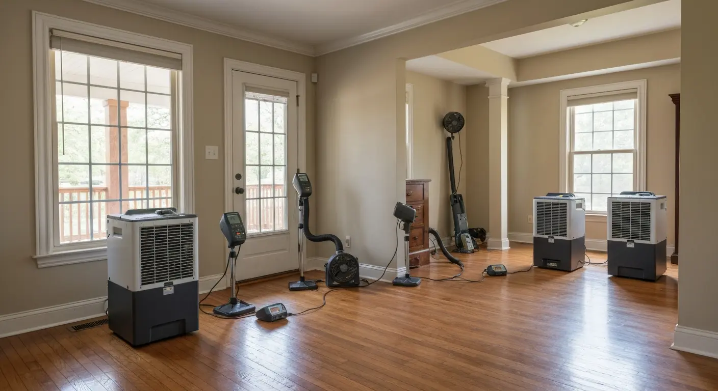 Dehumidification and air circulation setup for water damage drying