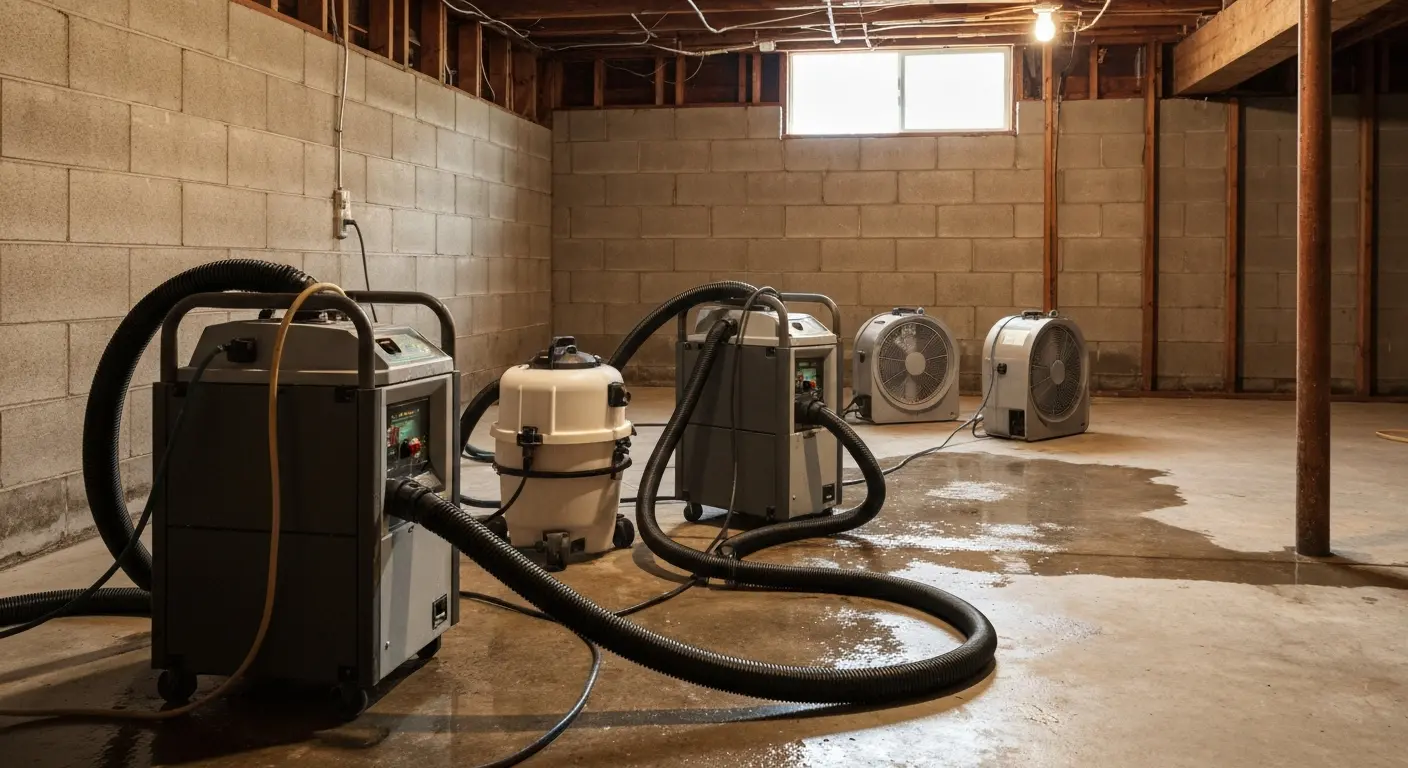 Water extraction equipment in flooded basement