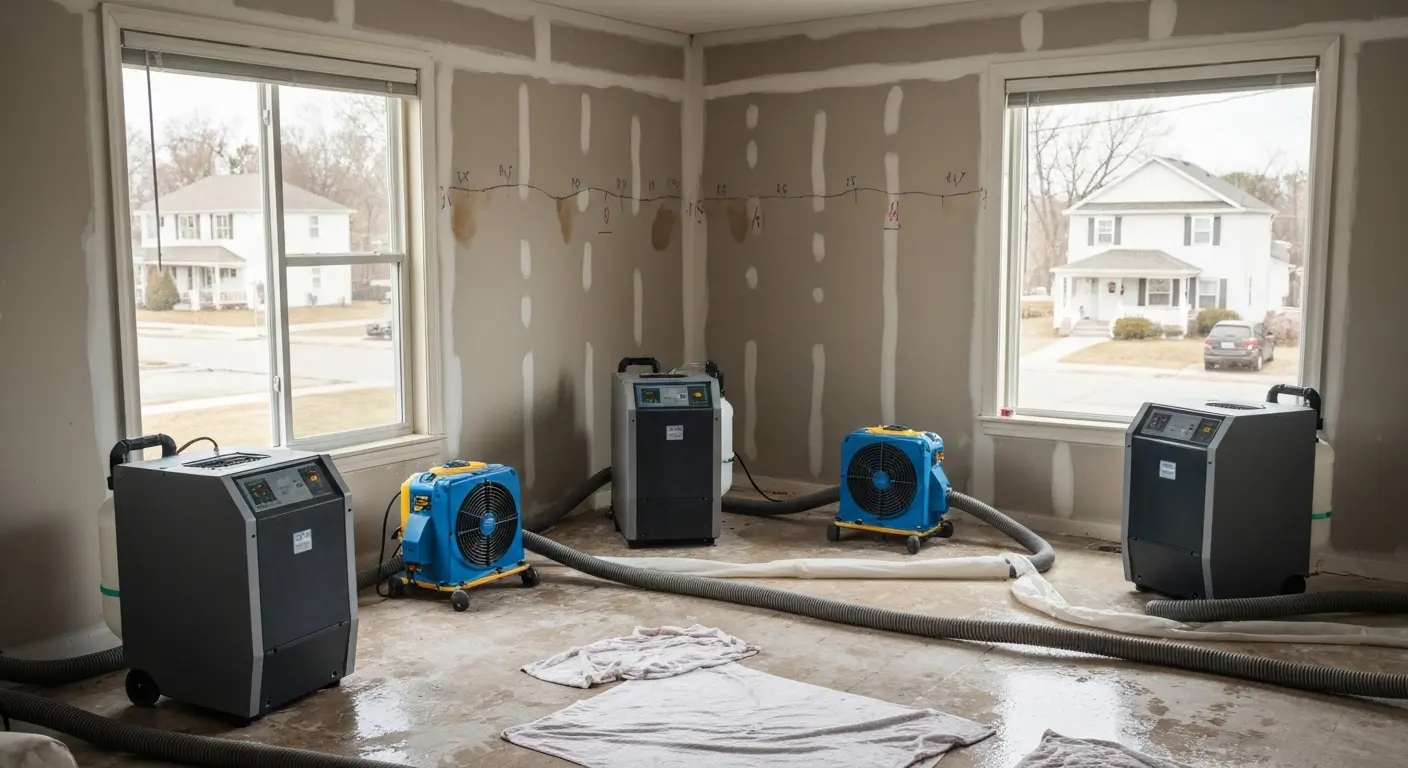 Dehumidifiers and air movers drying walls