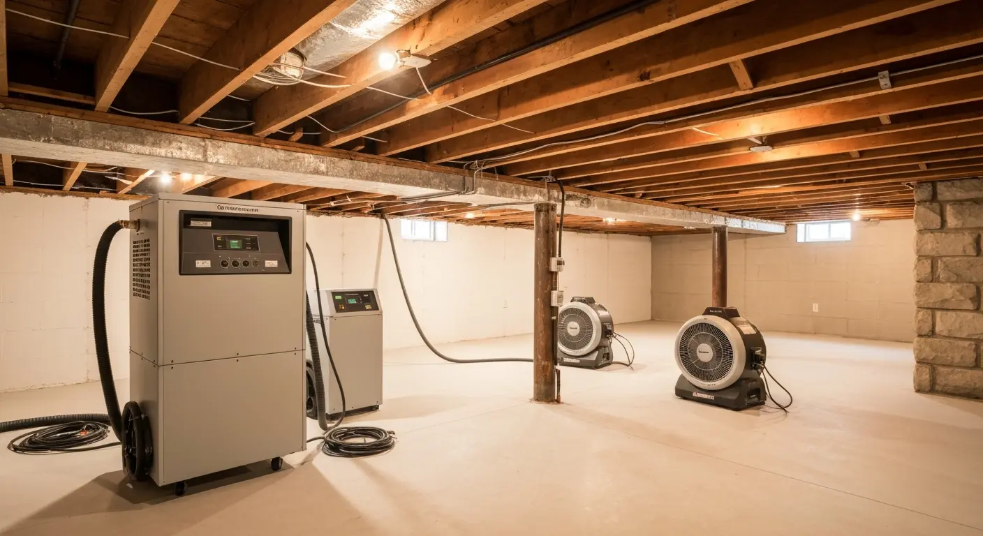 Dehumidifiers and air movers in basement