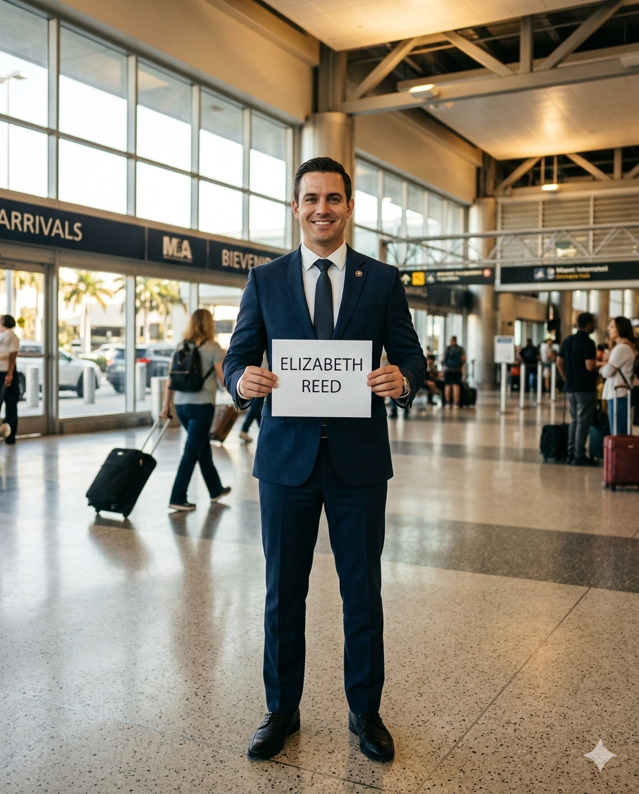 Professional Here You Travel driver waiting at Miami International Airport