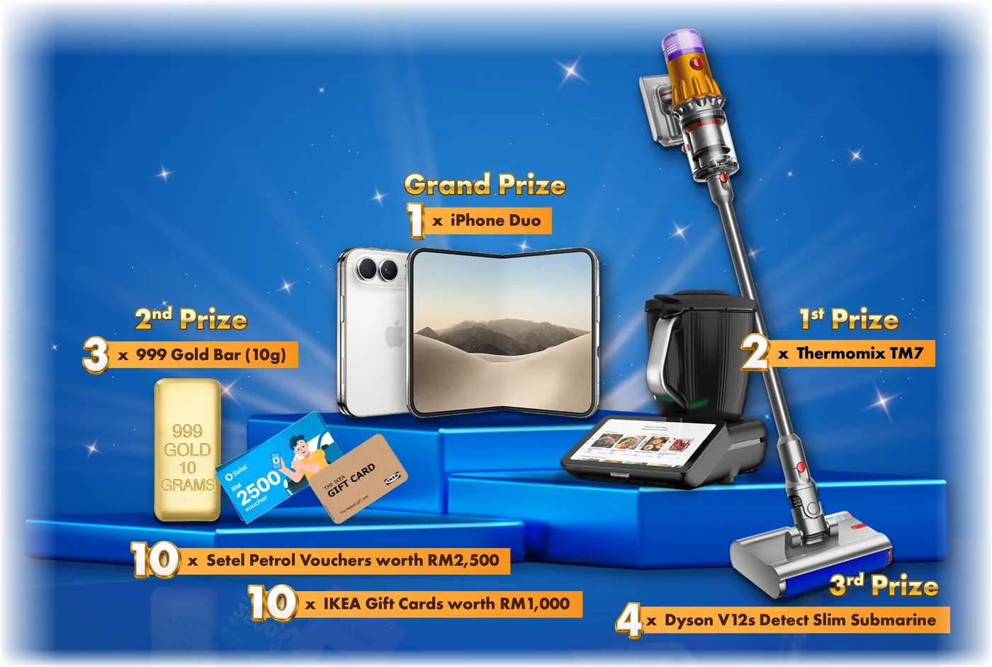 Grand Prize: 1 x iPhone Duo. 1st Prize: 2 x Thermomix TM7. 2nd Prize: 3 x 999 Gold Bar (10g). 3rd Prize: 4 x Dyson V12s Detect Slim Submarine. Plus 10 x Setel Petrol Vouchers worth RM2,500 and 10 x IKEA Gift Cards worth RM1,000.