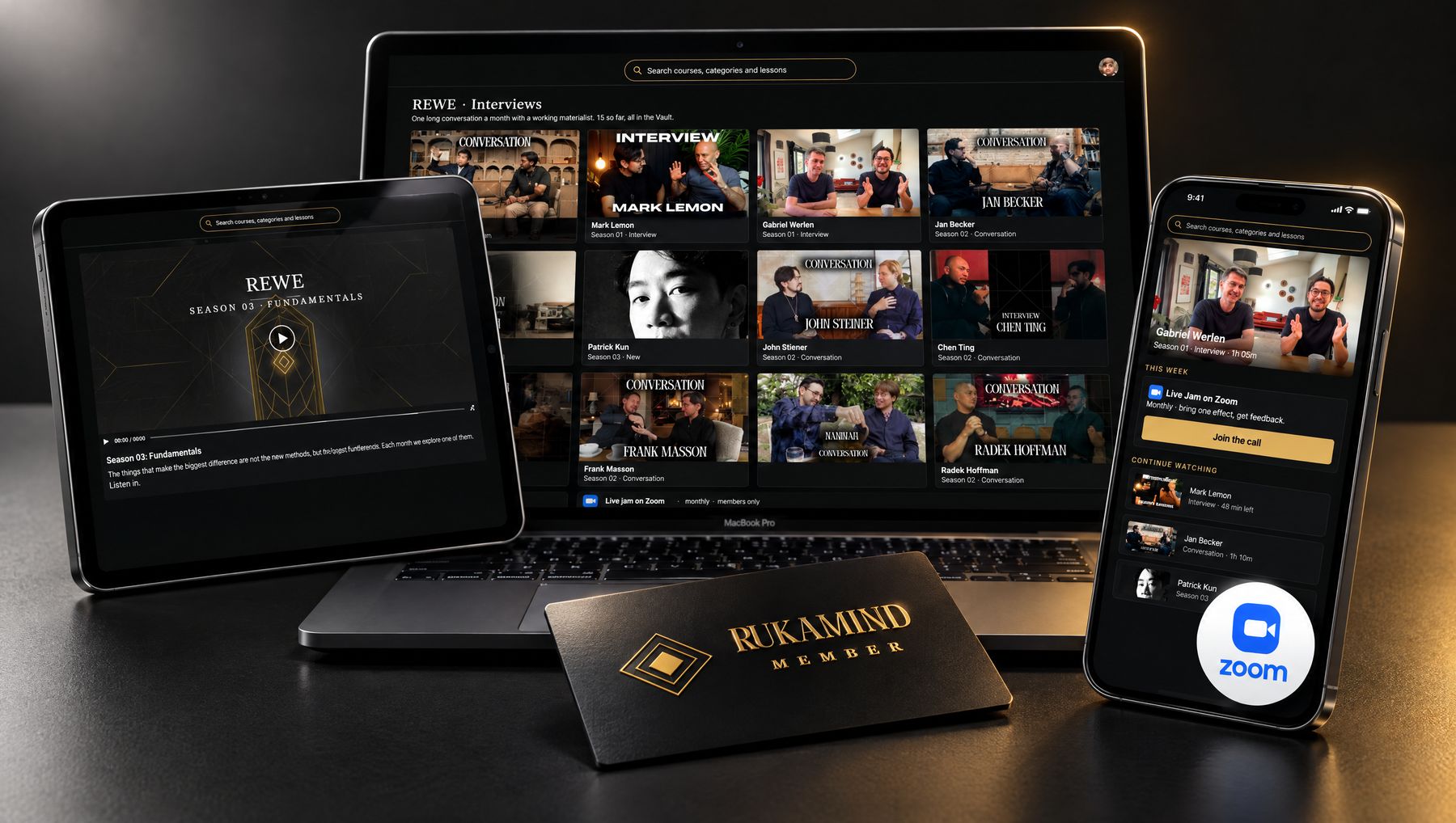 REWE on laptop, tablet and phone, with the members card