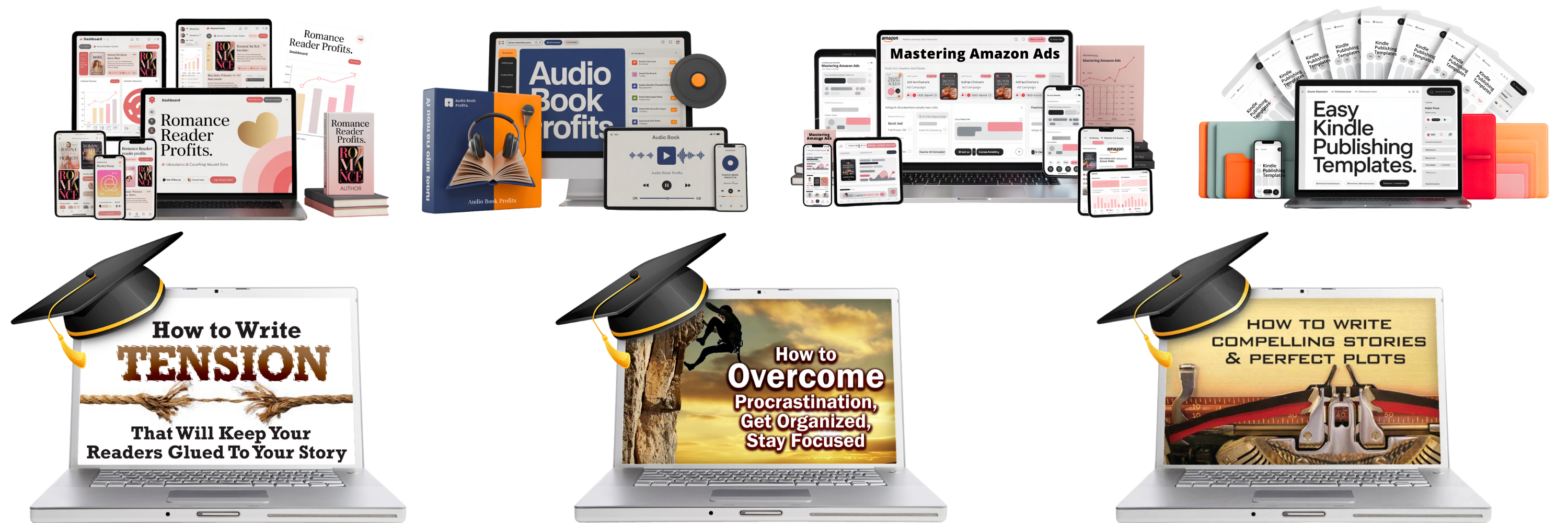 Collection of seven digital publishing course covers from WritersLife
