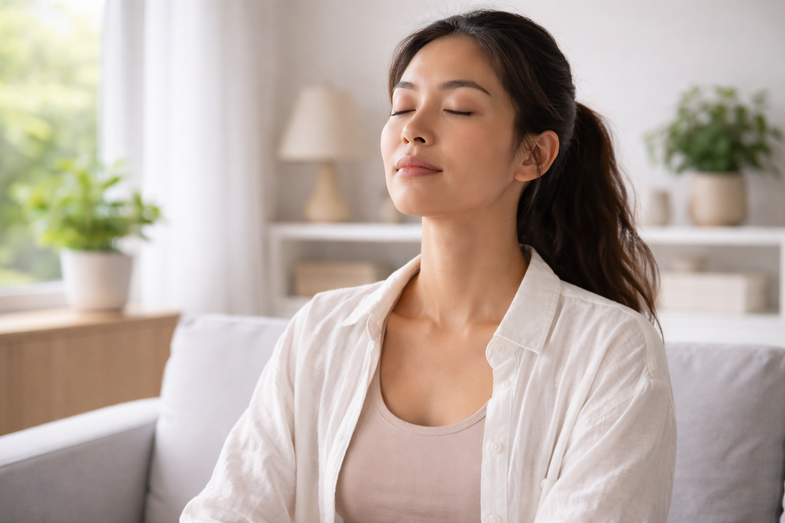 Myofunctional Therapy - Woman practicing controlled nasal breathing